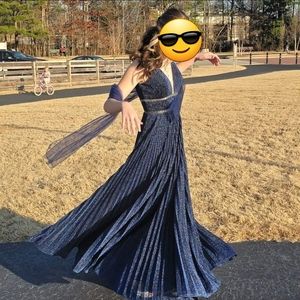 Long formal gown with accordian A-line skirt with shawl for prom, military ball